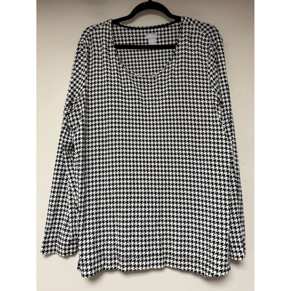 Chico's Houndstooth Top Womens 3 XL Black White Excellent Long Sleeve Stretch